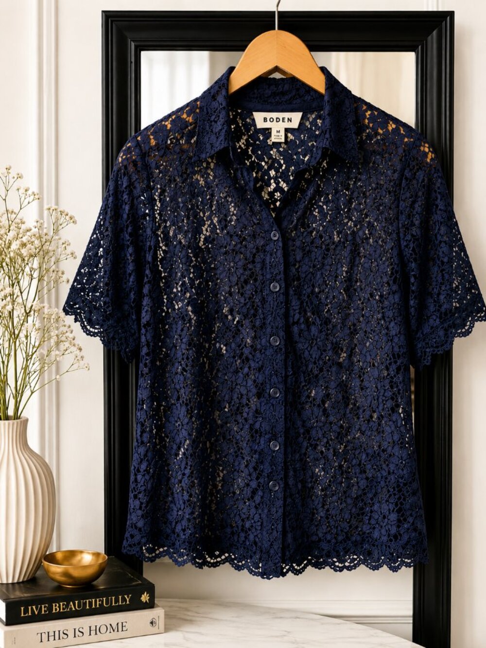 Boden Navy Lace Button-Front Camisole